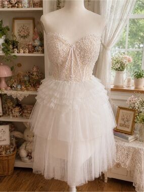 KissProm Ivy White Lace Tulle Homecoming Dress Strapless A-Line Size 14 NWT